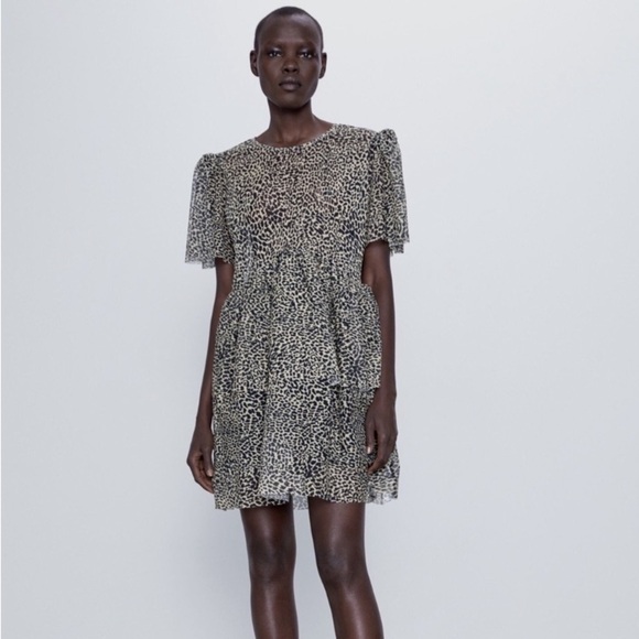 ZARA Leopard Print Tiered Tulle Mini Dress NWT - Picture 4 of 12